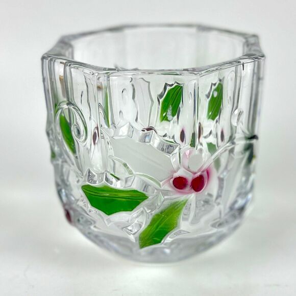 Mikasa Glass Votive Candle embossed Red green Holly berries Christmas home decor - Picture 2 of 9